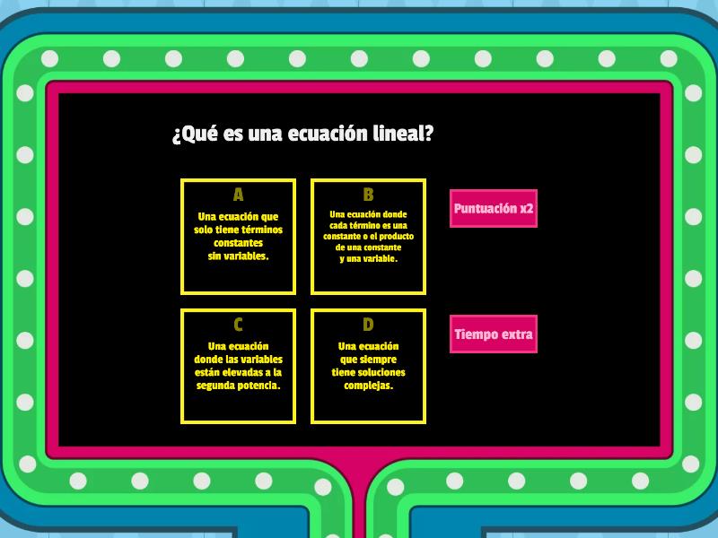 Introducción a las Ecuaciones Lineales Gameshow quiz