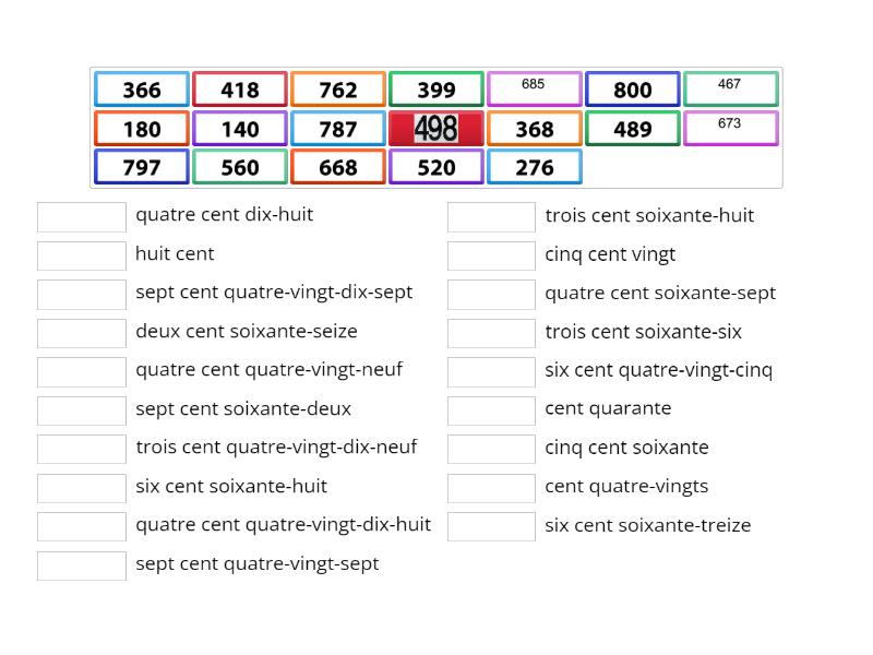 les nombres jusqu à 800 Une las parejas