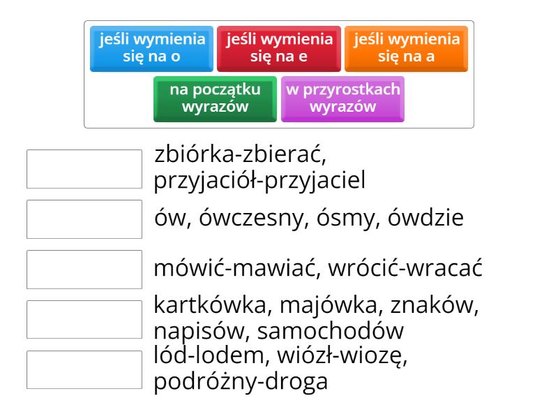 Połącz zasady ortograficzne z przykładami ó Match up