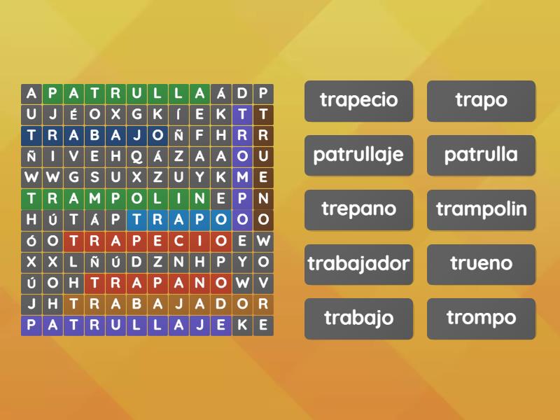 Palabras Con Tra Tre Tri Tro Tru Wordsearch