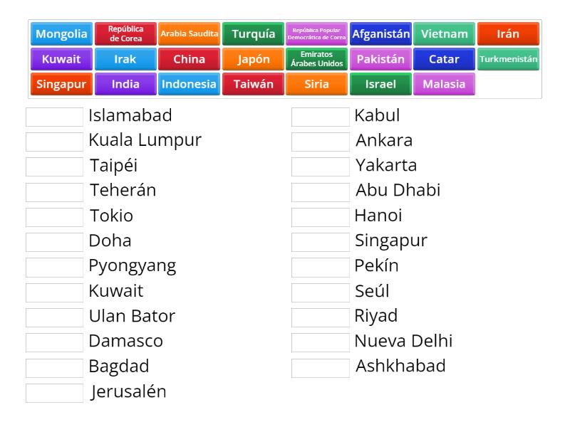 Países y capitales de Asia Une las parejas