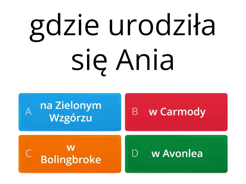 Ania z Zielonego Wzgórza test Quiz