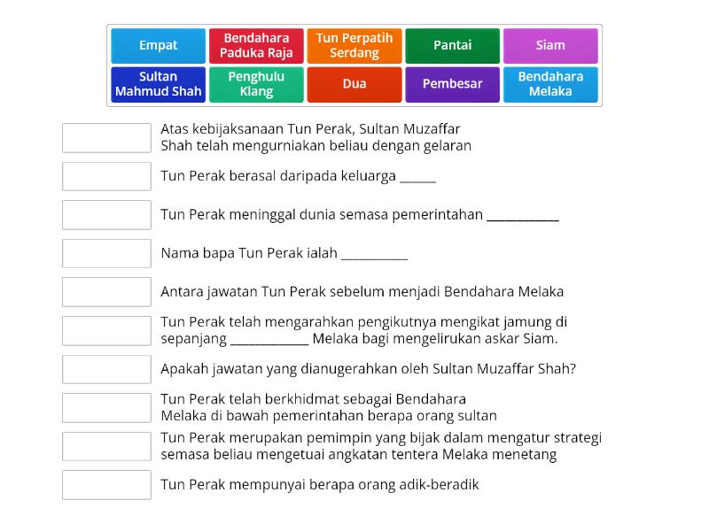 Kuiz Sejarah Tahun 4 Riwayat Tun Perak Padankan