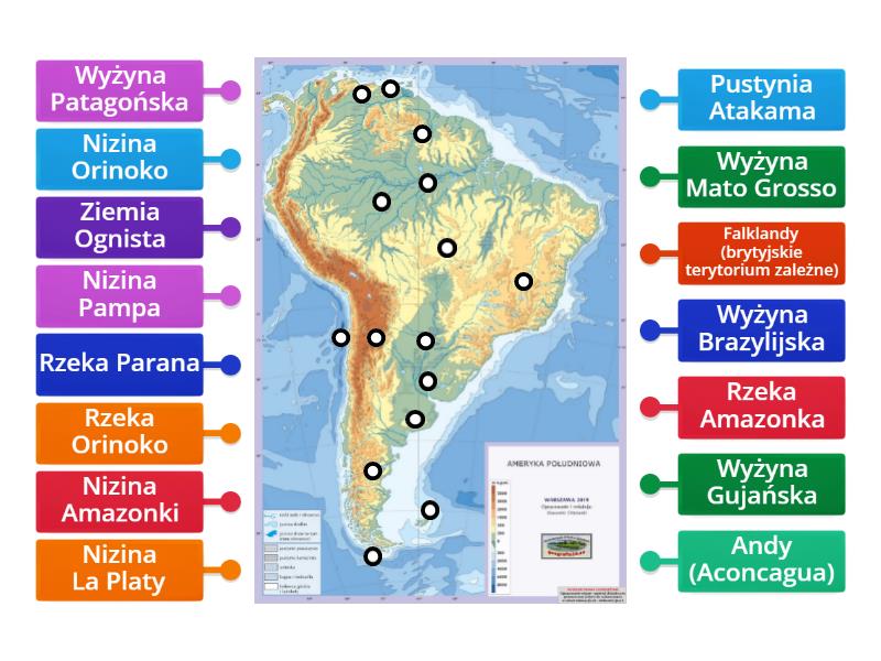 Ogólna mapa fizyczna Ameryki Południowej Labelled diagram