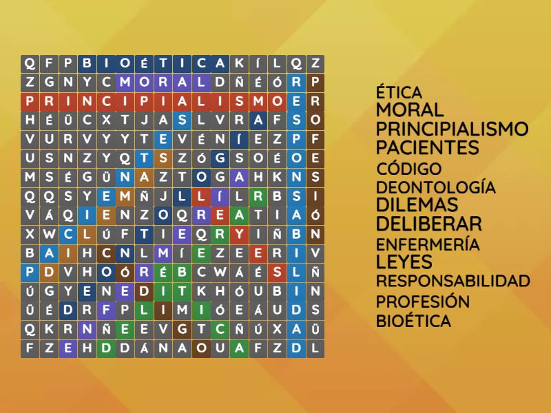 INICIO CLASE BIOÉTICA Y PRINCIPIALISMO Sopa de letras