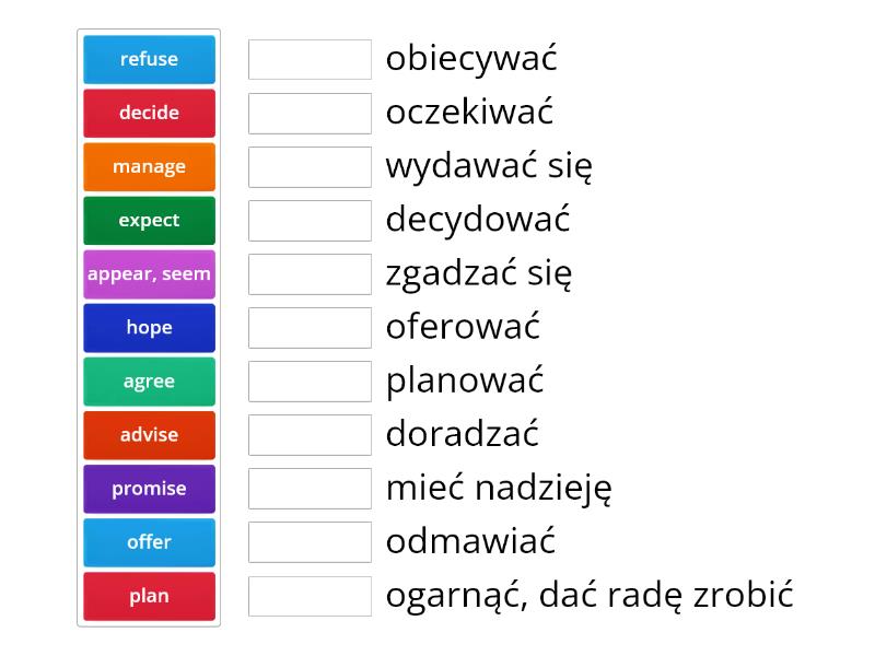 Bezokolicznik z to czasowniki Połącz w pary