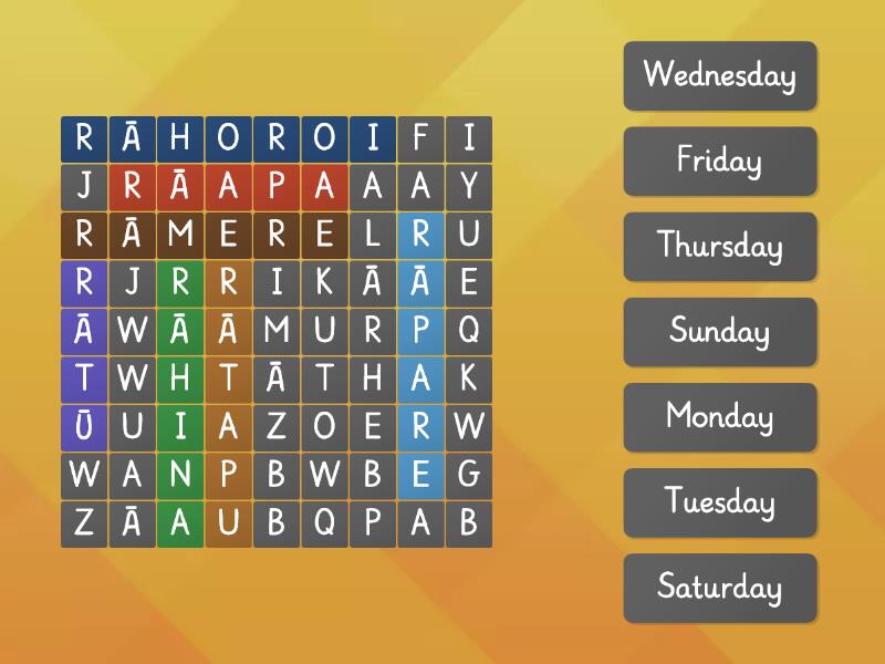 8 Ngā rā o te wiki Days of the week Wordsearch