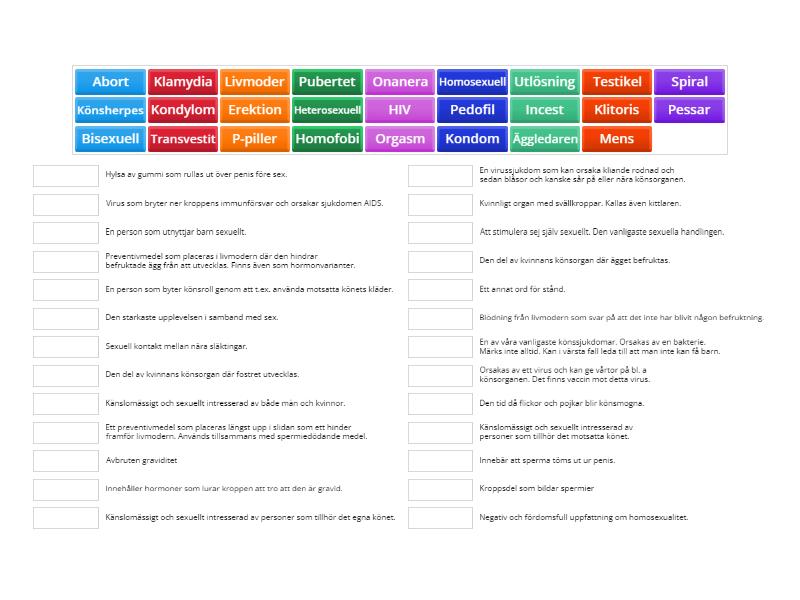 Wordwall Begrepp Sex Och Samlevnad Matcha Upp