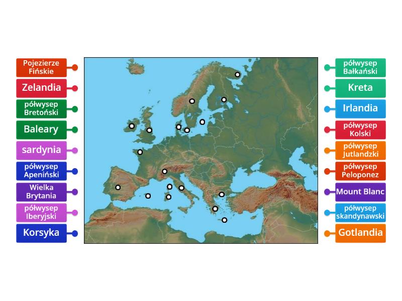 Mapa fizyczna Europa półwyspy wyspy i inne Rysunek z opisami