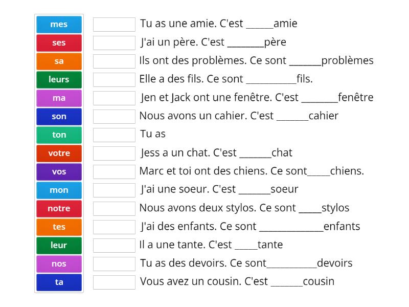 Les Adjectifs Possessifs Une Las Parejas