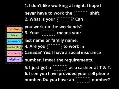 Vocabulary for Job Application Forms: Fill in the blank