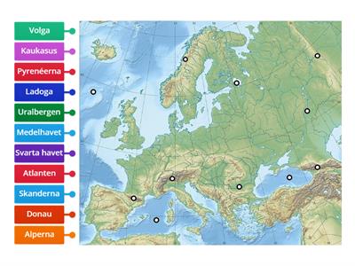 Europa - bergskedjor och vatten (hav, sjö och flod)