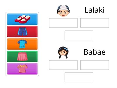 Ilagay sa tamang kahon ang mga kasuotan ng lalaki at babae.