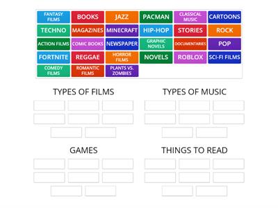TYPES OF FILMS, TYPES OF MUSIC, TYPES OF GAMES, THINGS TO READ