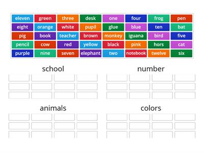 מיון לקטגוריות: בית ספר, צבעים, בעלי חיים ומספרים