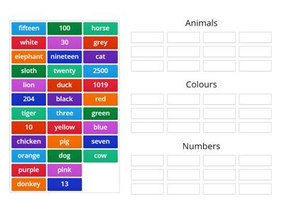 Colours, Animals, Numbers