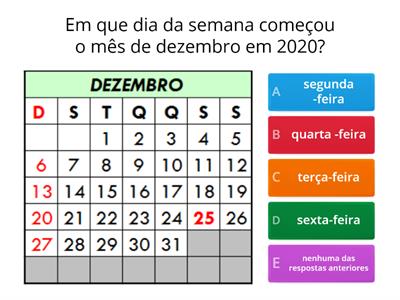 CALENDÁRIO DE DEZEMBRO 2020