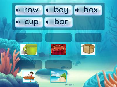five vocabularies of three letters phonic words:box, cup, bay, bar, row