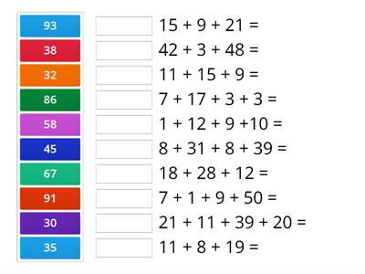 E2 Mental addition: reordering. Tips: add up large nos. first and/or look for pairs that add up to 10, 20, 30, 40, etc.