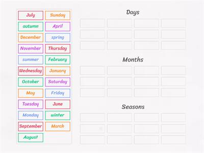 Match the days, seasons and months to their group