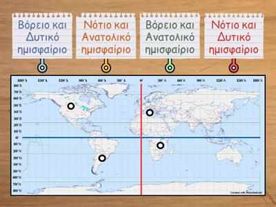 Βρες σε ποια ημισφαίρια (Βόρειο ή Νότιο, Δυτικό ή Ανατολικό) βρίσκεται κάθε σημείο στον χάρτη.