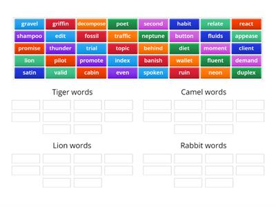 Syllable sort Tiger/ Camel/ Lion/ Rabbit