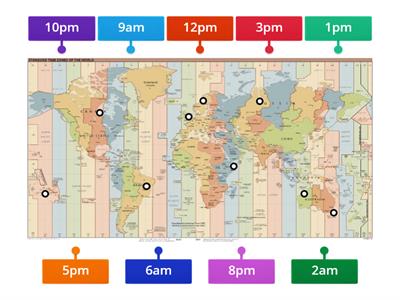 Imagine it's 12pm in London. Match the hours in the correct time zones.
