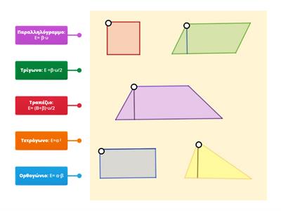 Εμβαδά επίπεδων σχημάτων. Ταίριαξε το κάθε σχήμα με το όνομα και το εμβαδόν του.Δημιουργός: Κάβουρα Δέσποινα-μαθηματικός