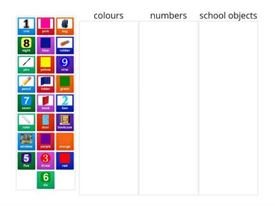 School things, numbers and colours.