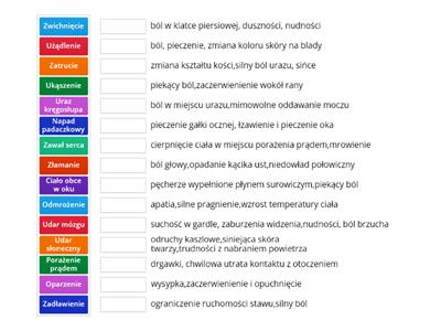 Objawy urazów : Przypożądkuj definicje do odpowiednich wyrazów