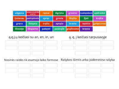 Nosinių raidžių rašyba veiksmažodžių šaknyse. Sudėliok žodžius pagal taisykles. 