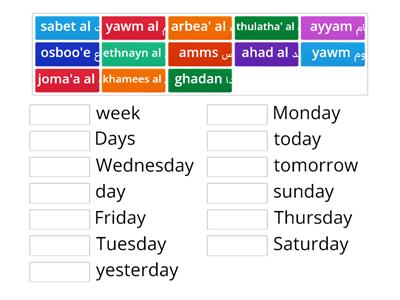Days of the week in Arabic/Transliteration/English 