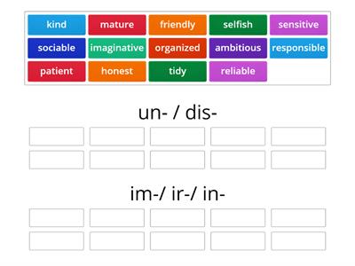 NE File Personality: Match the adjectives with the negative prefixes