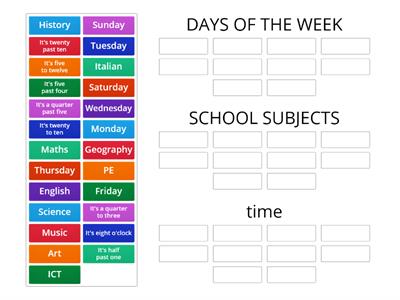 School subjects, days and time