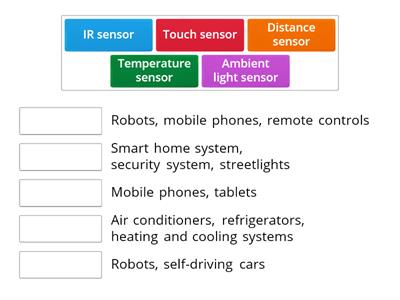 Match the following sensors with their applications.