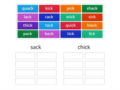 Word Sort for -ick and -ack