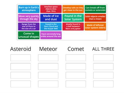 Asteroids, Meteors, and Comets Sort