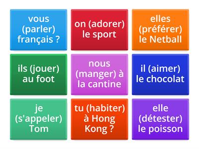 verbes en -er/present tense (s'appeler, habiter, aimer, détester, adorer, préférer, manger, parler, jouer)