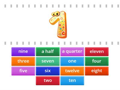 Numbers 1-12, quarters and halves (preparation to telling time)