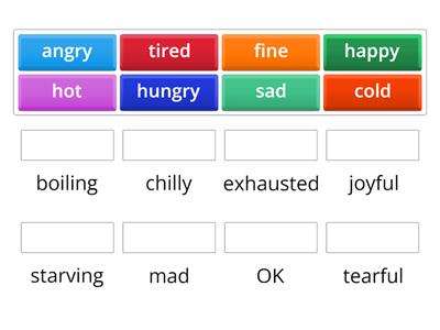 Match the synonyms (words that have a similar meaning e.g. sad, upset)