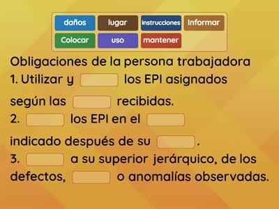 PRL EPIs obligaciones empresa y trabajador (completar frase)