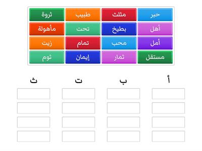 Classify each group to have 4 groups of the letters أ، ب، ت،ث