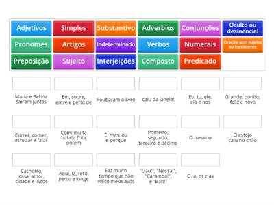 Associe as classe gramaticais,tipos de sujeitos e sujeitos e predicados.