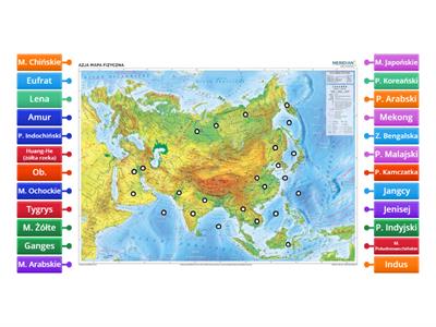 Mapa Konturowa Azji kl8: Rzeki, Półwyspy, Morza, Zatoki