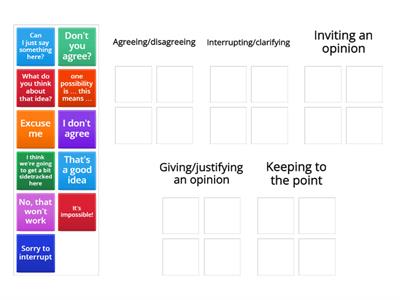 Language for agreeing and disagreeing, interrupting and clarifying, inviting an opinion, giving and justifying an opinio