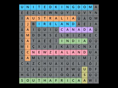 9 English-speaking countries - Wordsearch