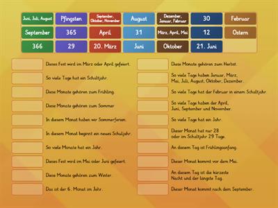 Quiz zu den Jahreszeiten, Monaten und zum Kalender - Ordne die Antwort  jeweils richtig zu!