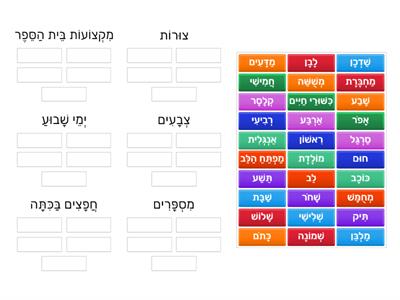 משחק מיון לפי מקצועות בית ספר, צורות, ימי שבוע, מספרים, חפצים בכיתה, צבעים- עברית בעיניים גדולות-כיתה ד- סוכיינה ביאדסה 