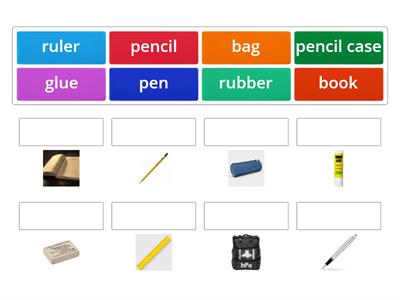 AS1 school rubber, ruler, book, pencil, pen, bag, glue, pencil case