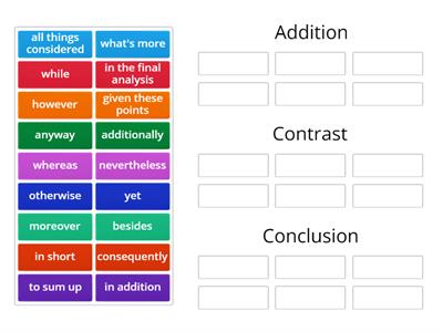 Conjunctions and Connectors: Addition, Contrast, Conclusion
